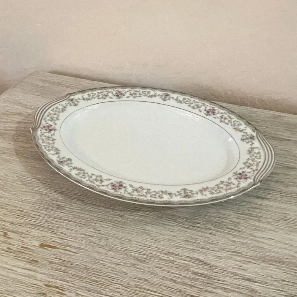 Noritake China Edgewood 5807 Platter Serving Oval Rose Floral Silver